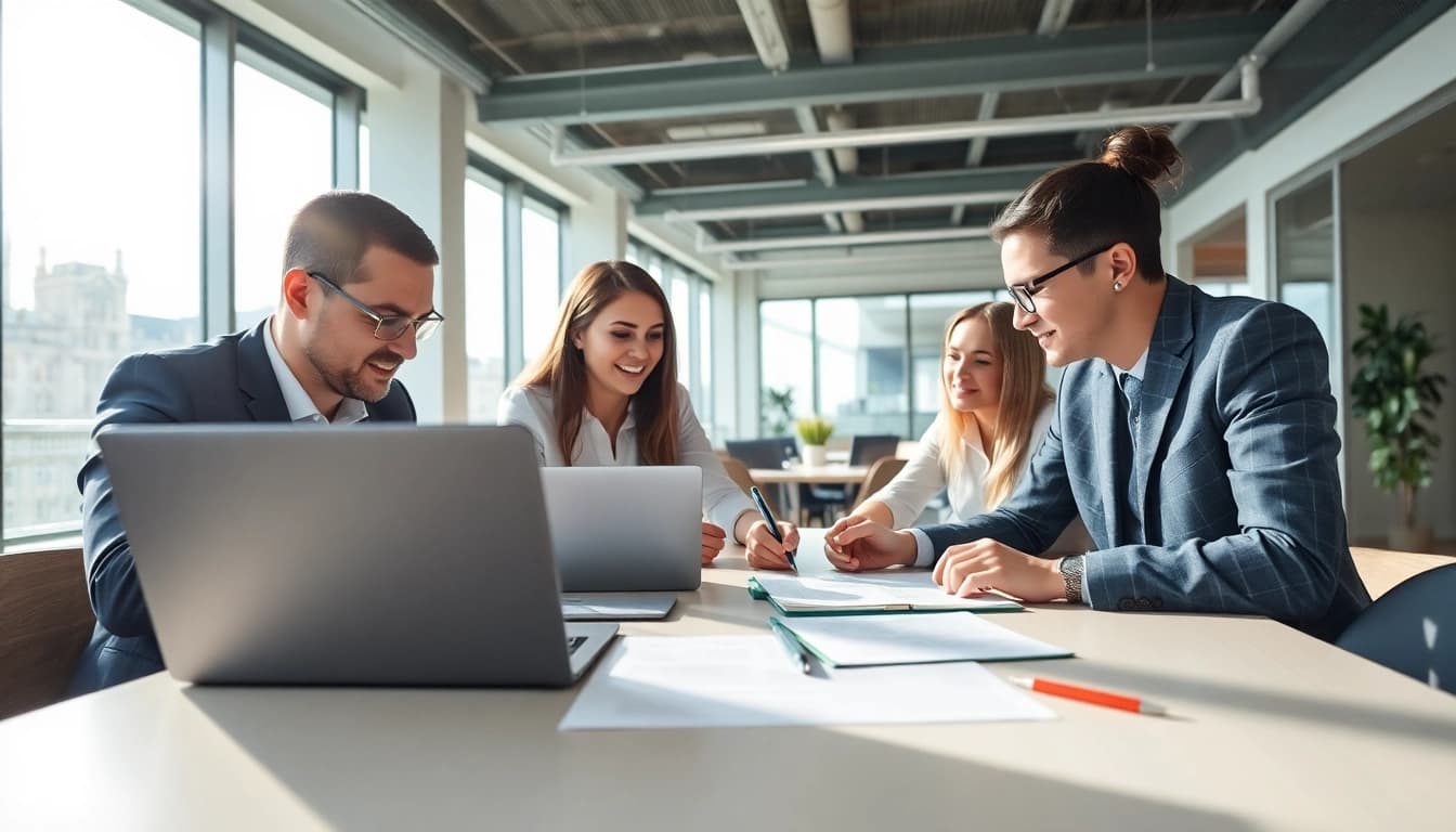 Engaged professionals completing the eta uk application form in a modern office setting.