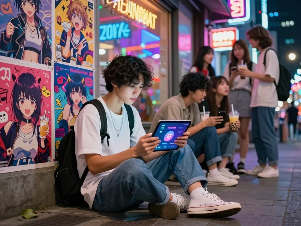 Interactive hentai ai chat scene with vibrant urban youth engaging with technology.