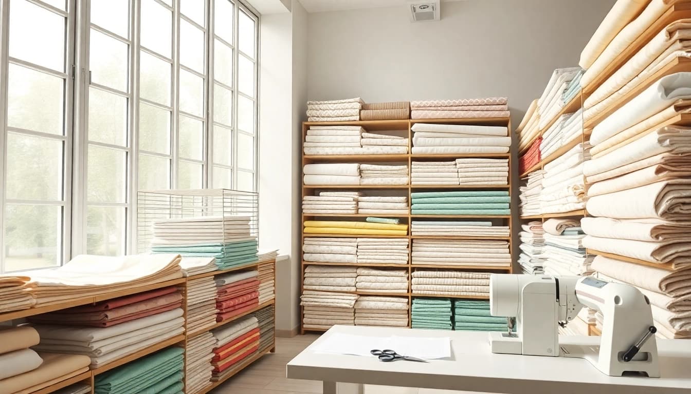 Bekijk stof kopen per meter in een goed verlicht atelier vol kleurrijke stoffen en fournituren.