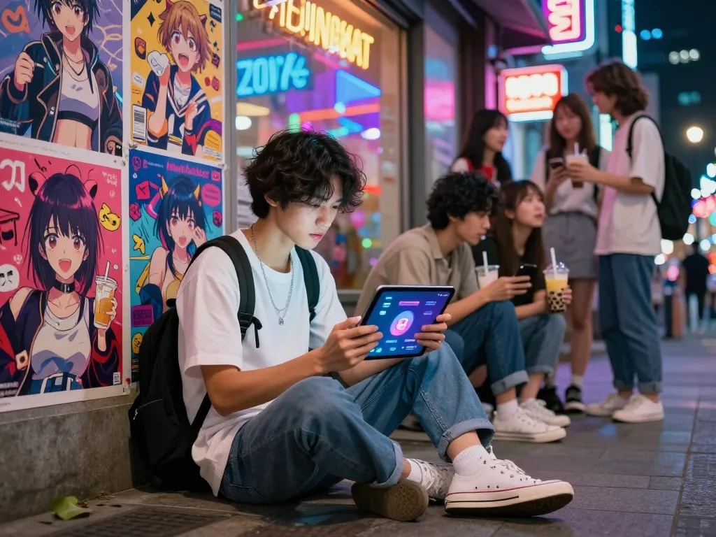 Interactive hentai ai chat scene with vibrant urban youth engaging with technology.