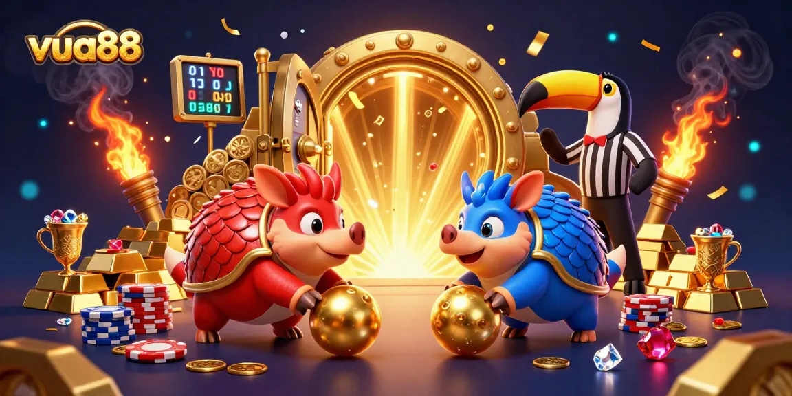 Engage with the vibrant vua88 scene featuring 3D pangolins in armor bowling through poker chips amidst gold treasures.