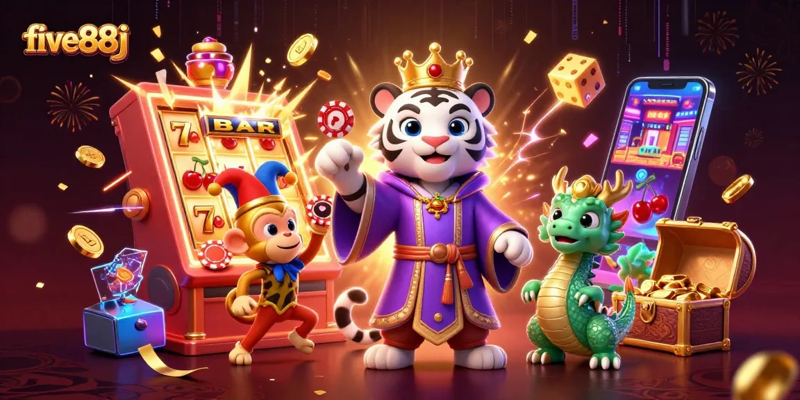 Experience the excitement of five88j with our interactive casino illustration showcasing vibrant games and characters.