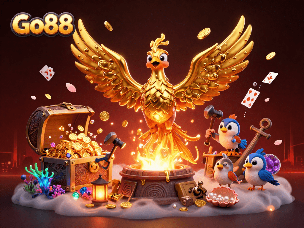 Experience the excitement of Go88 with a golden phoenix and treasure-filled sea in this vibrant gaming illustration.