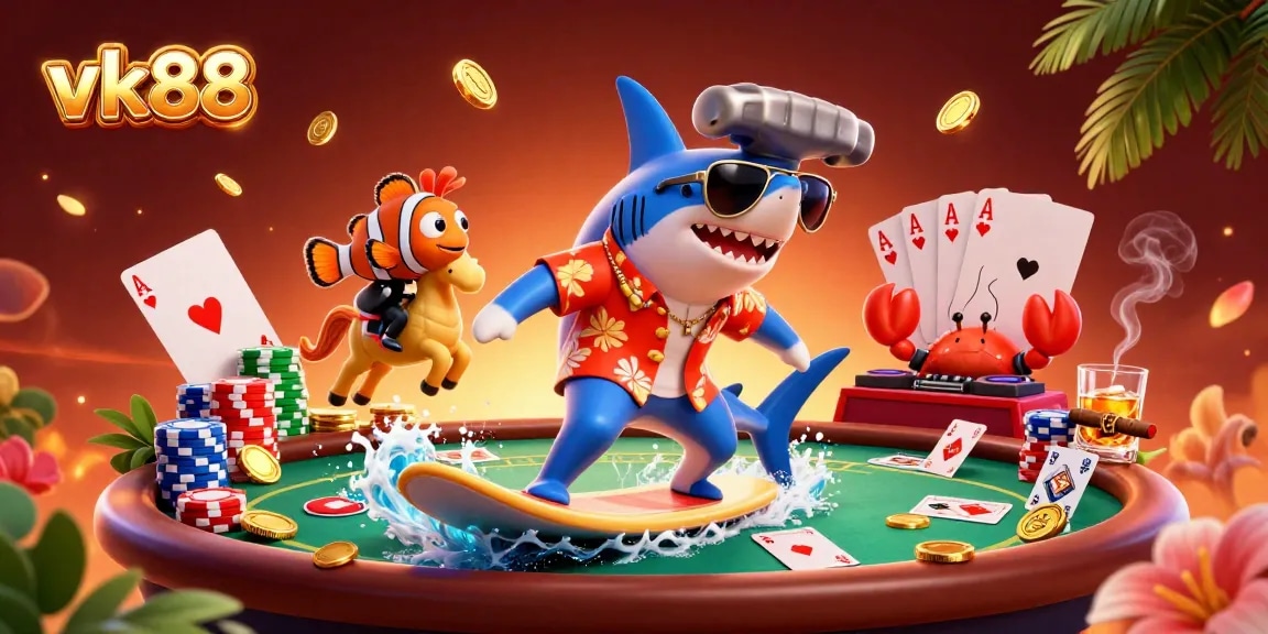 Engage with the vibrant vk88 casino scene featuring a shark and characters amidst gold coins.