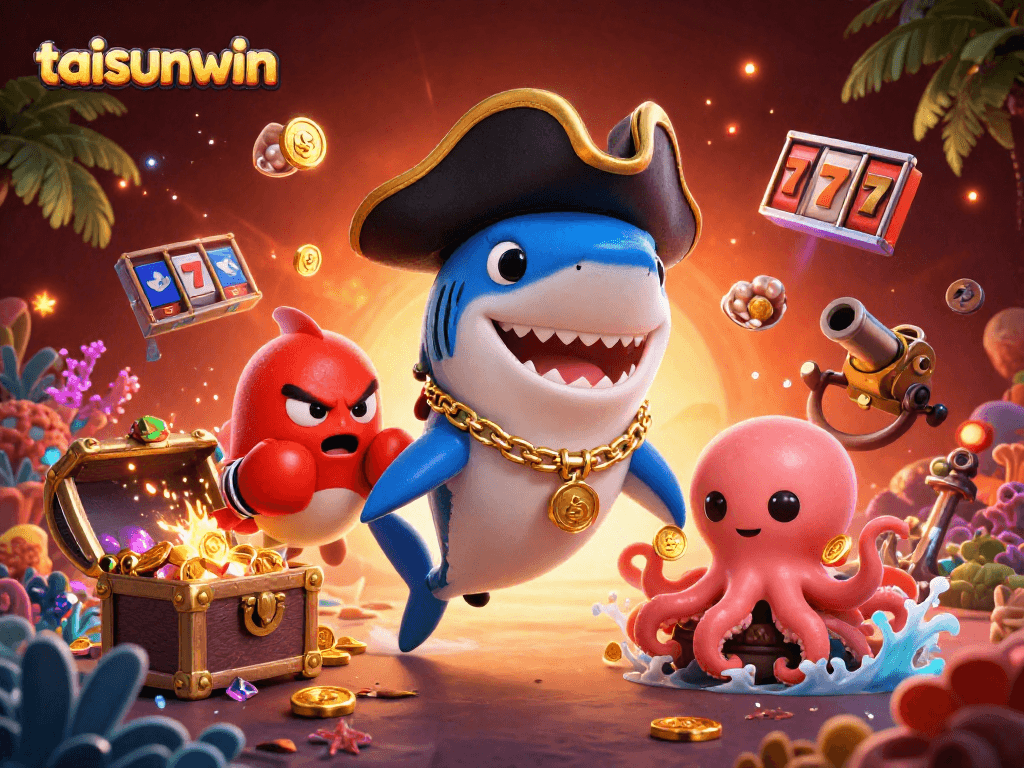 Experience the thrill of gaming with taisunwin's vibrant characters and exciting casino elements in this dynamic illustration.