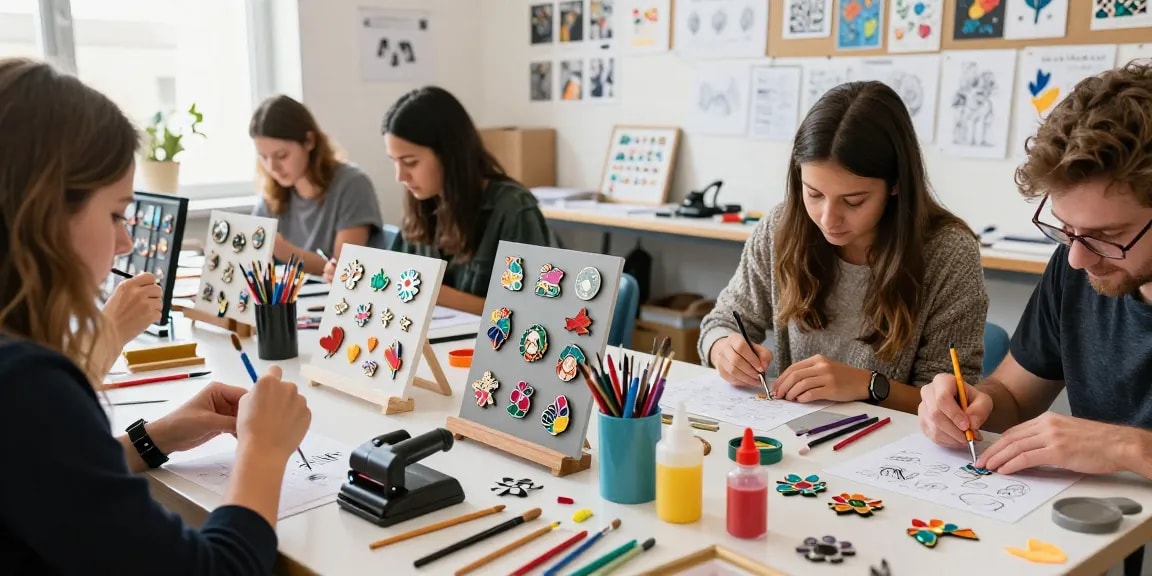 Artisan designing custom pins with vibrant colors and creative tools in a bright workshop.