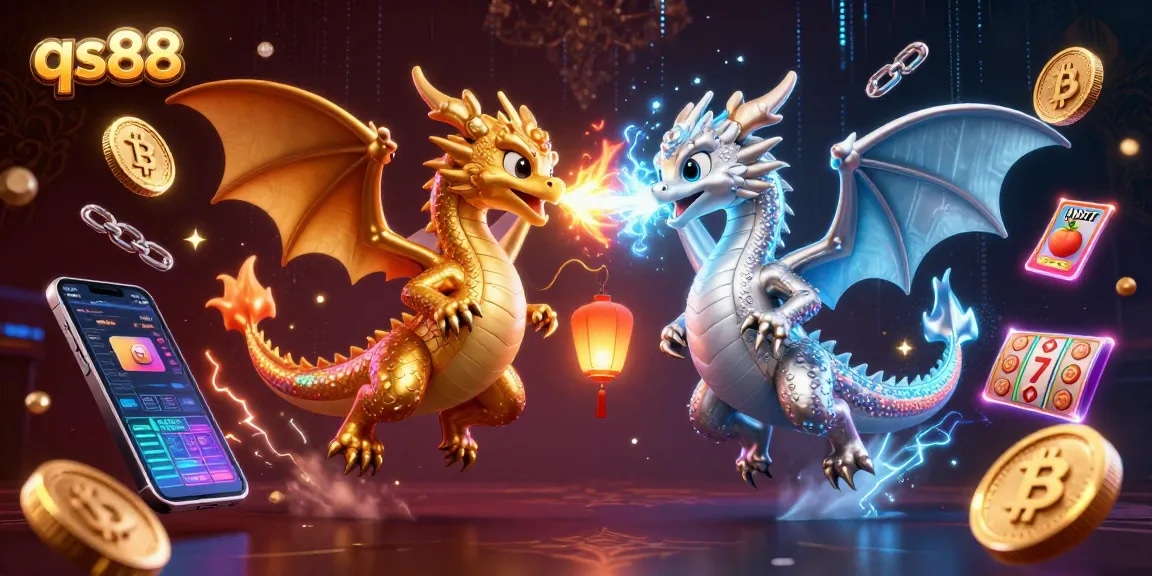 Spin for riches at qs88 with vibrant dragons, slot reels, and crypto elements in a fantasy scene.