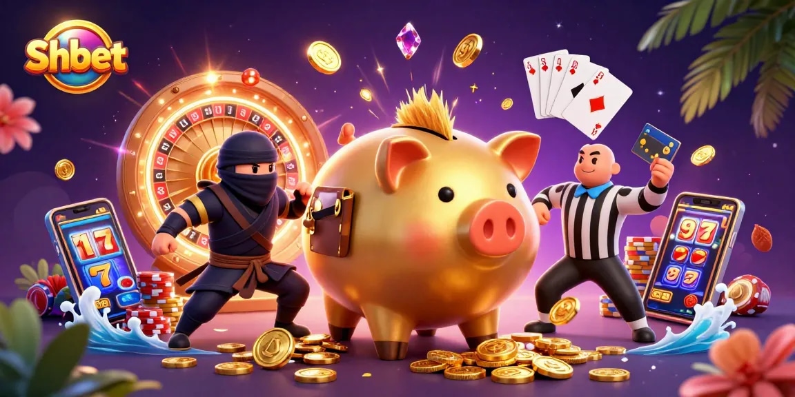 Experience the excitement of Shbet with epic casino scenes featuring golden piggy bank and thrilling game elements.