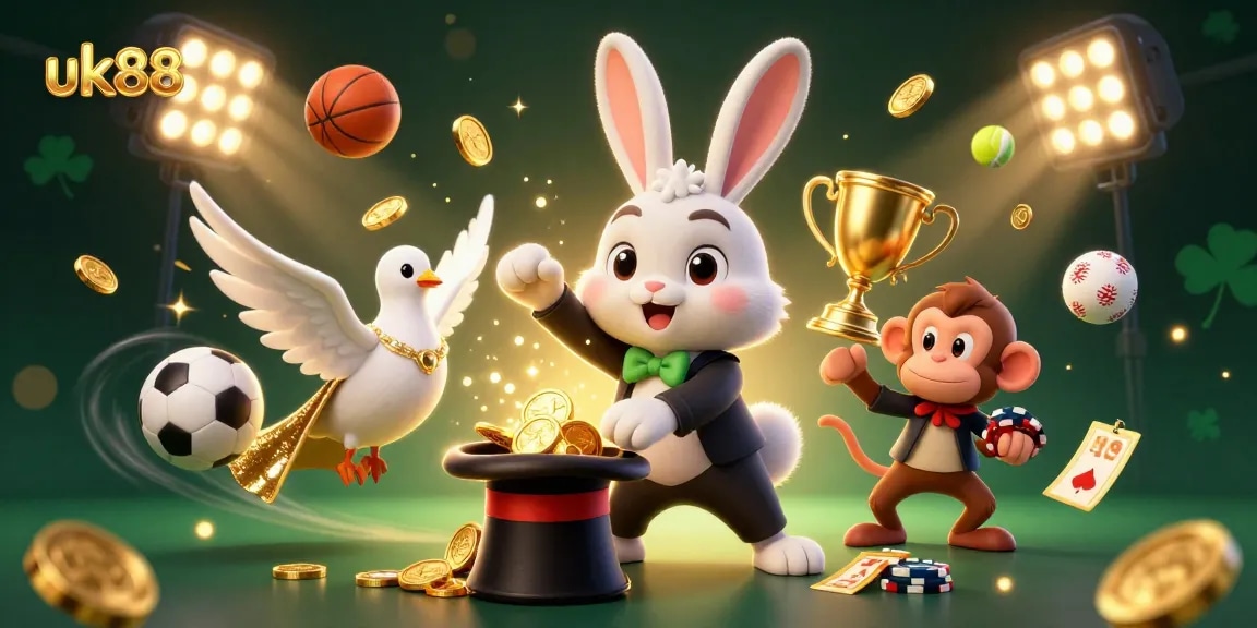 uk88 showcases a 3D casino scene featuring a magician rabbit, dove, and monkey amidst sports elements