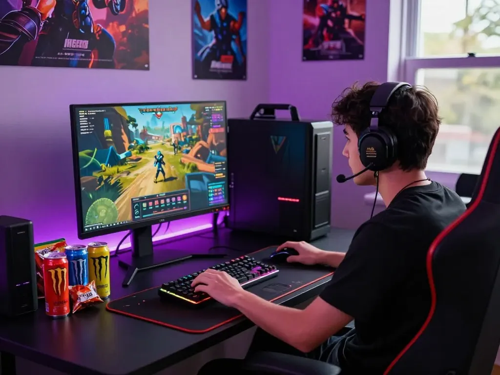 Engaged gamer at desk with vibrant gaming setup and snacks, featuring https://rikviprent.com atmosphere.