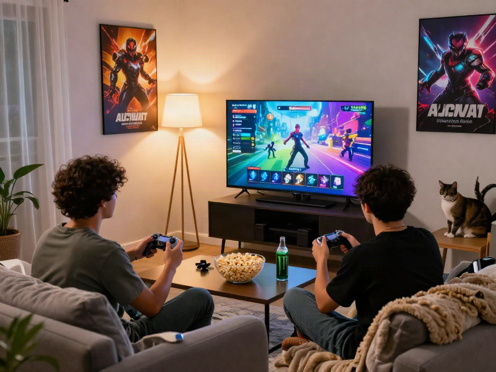 Friends enjoying a lively gaming night with porn games on screen
