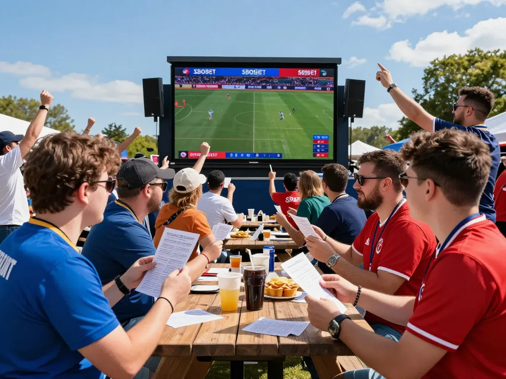 SBOBET sports fans enjoying dynamic outdoor betting atmosphere during live match.