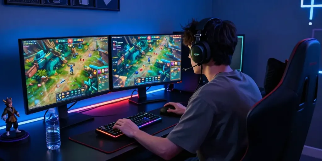 Engaging rokok88 gaming scene with a dynamic setup and vibrant graphics.