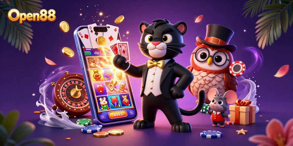 Experience thrilling gameplay at Open88 with vibrant casino characters and action-packed elements.