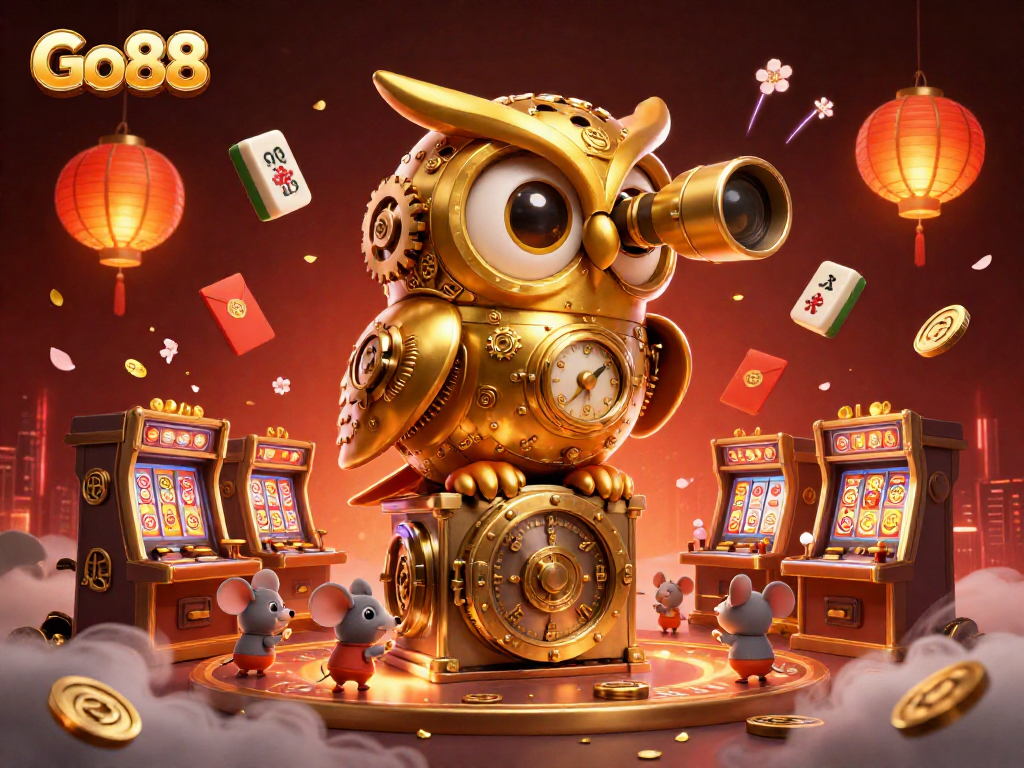 Engage with Go88’s vibrant gaming scene featuring a clockwork owl and lively mouse patrons.