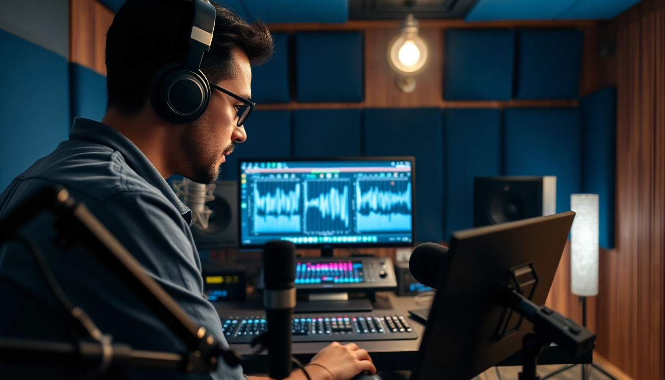 Engaging in online audio mastering with a digital audio workstation surrounded by professional tools.