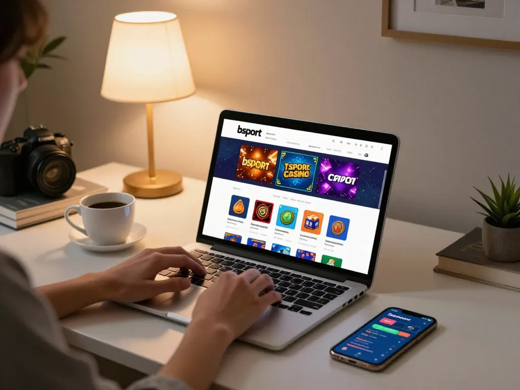 Engaging online casino gameplay with bsport app on laptop, cozy home setup.