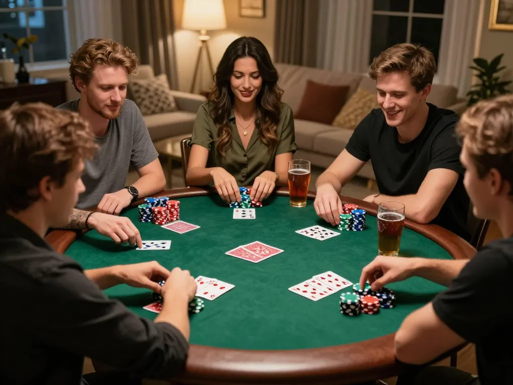 Engaged friends enjoying tubidy music themed poker night with colorful chips and cards