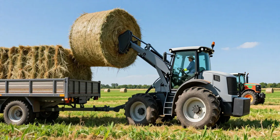 Electric farm loader lifting bales of hay on a vibrant farm, showcasing modern agriculture.