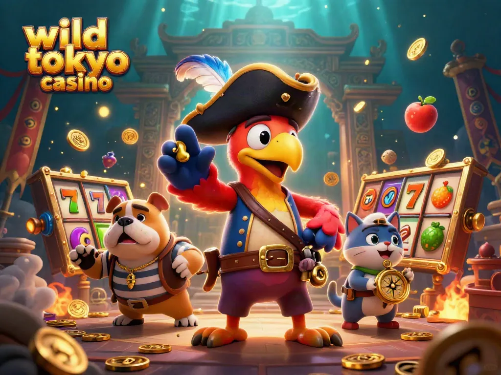 Engaging illustration of wild tokyo casino with a pirate captain and gambling elements showcasing vibrant slot games.