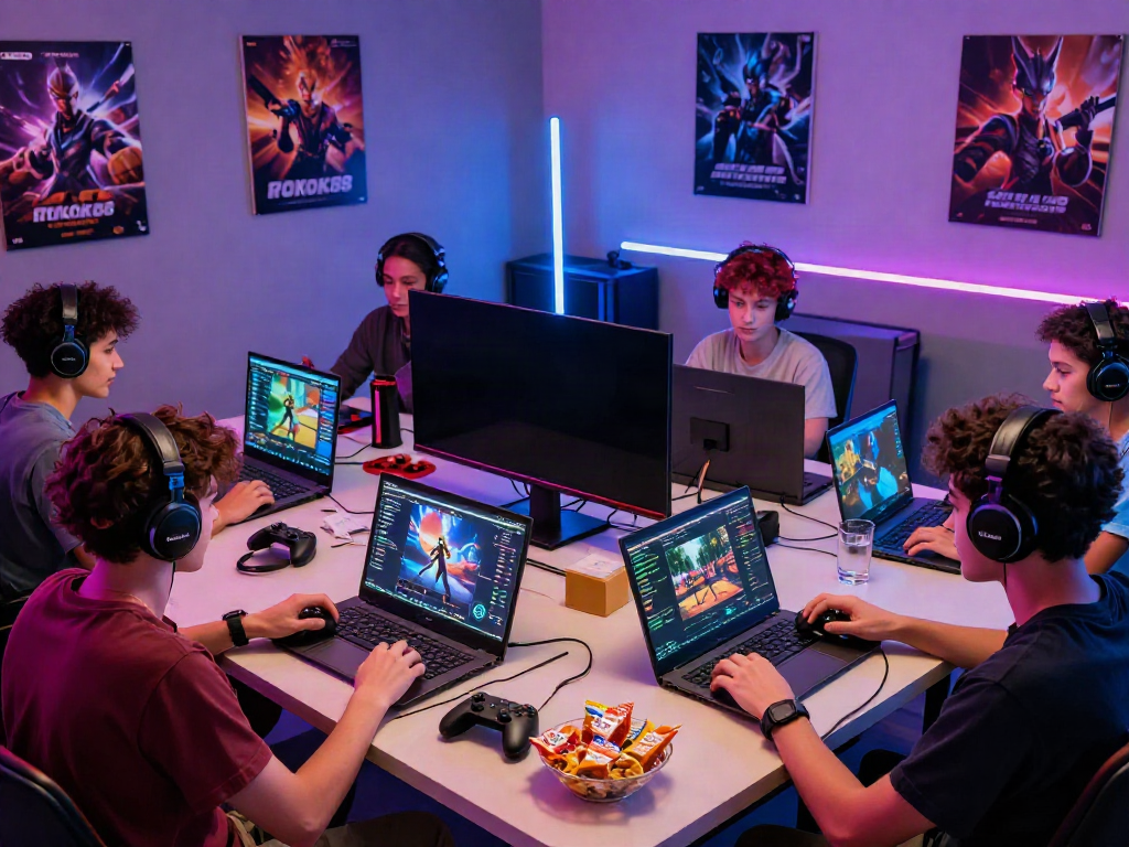 Group playing ROKOK88 in a lively gaming room, showcasing social interaction and vibrant atmosphere.