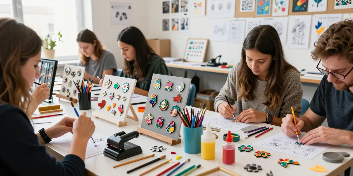 Artisan designing custom pins with vibrant colors and creative tools in a bright workshop.