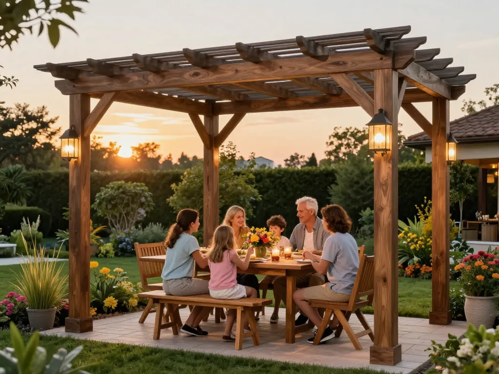 Famiglia che si gode il tempo sotto una pergola splendidamente realizzata, promuovendo configuratore pergole con preventivi automatici per spazi esterni personalizzabili.