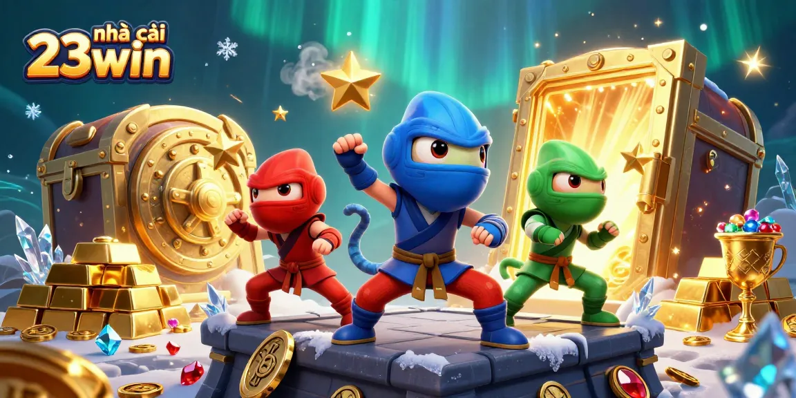 Engage with nhà cái 23win, showcasing a vibrant 3D casino scene filled with treasures and action.