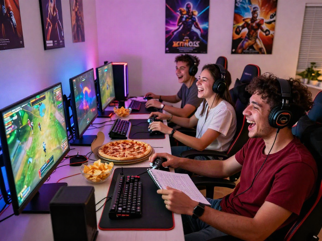 Friends enjoying a fun gaming night, strategizing in rokok88 daftar multiplayer games.