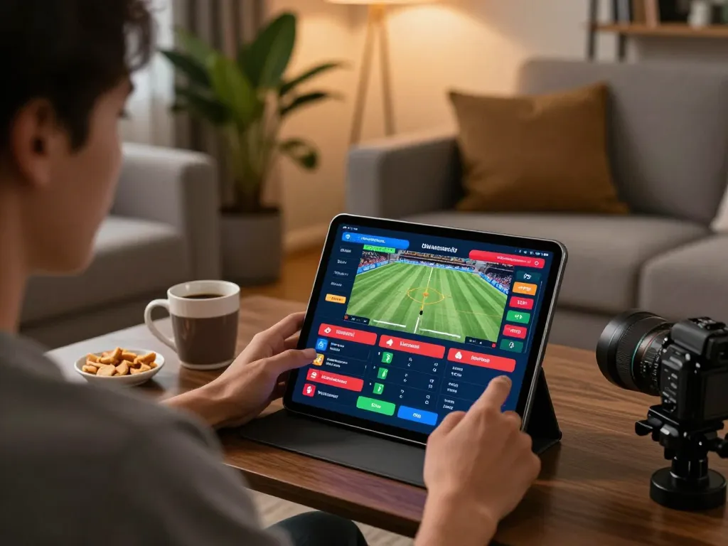 Player using NET88 betting app on tablet with vibrant sports updates in cozy home setting.