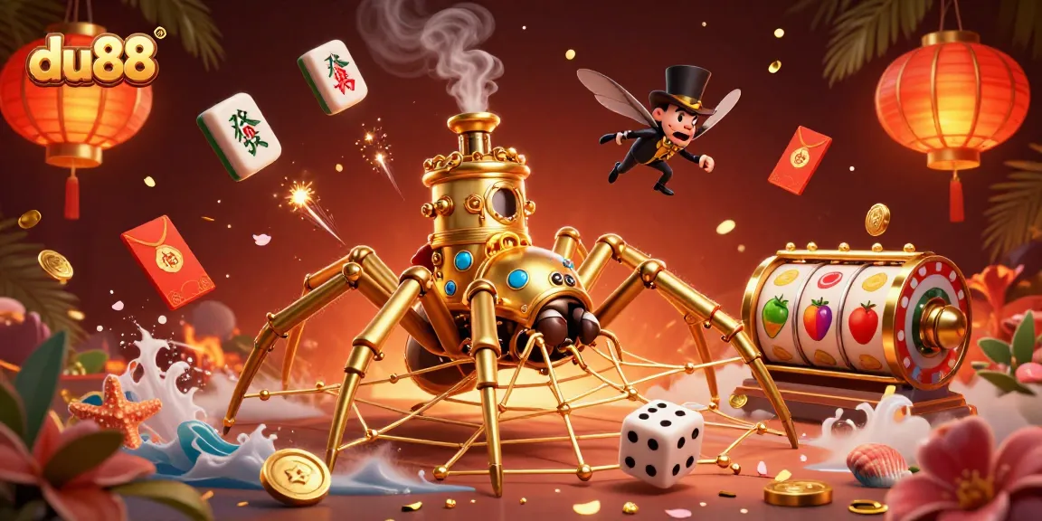 Engage with du88's vibrant 3D gaming world featuring a whimsical spider and slot reels.