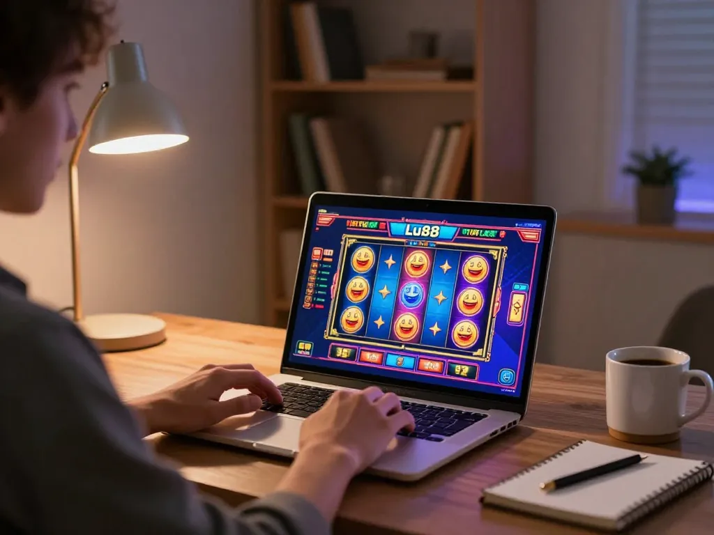 Playing Lu88 online slot game on laptop in a cozy home gaming setup