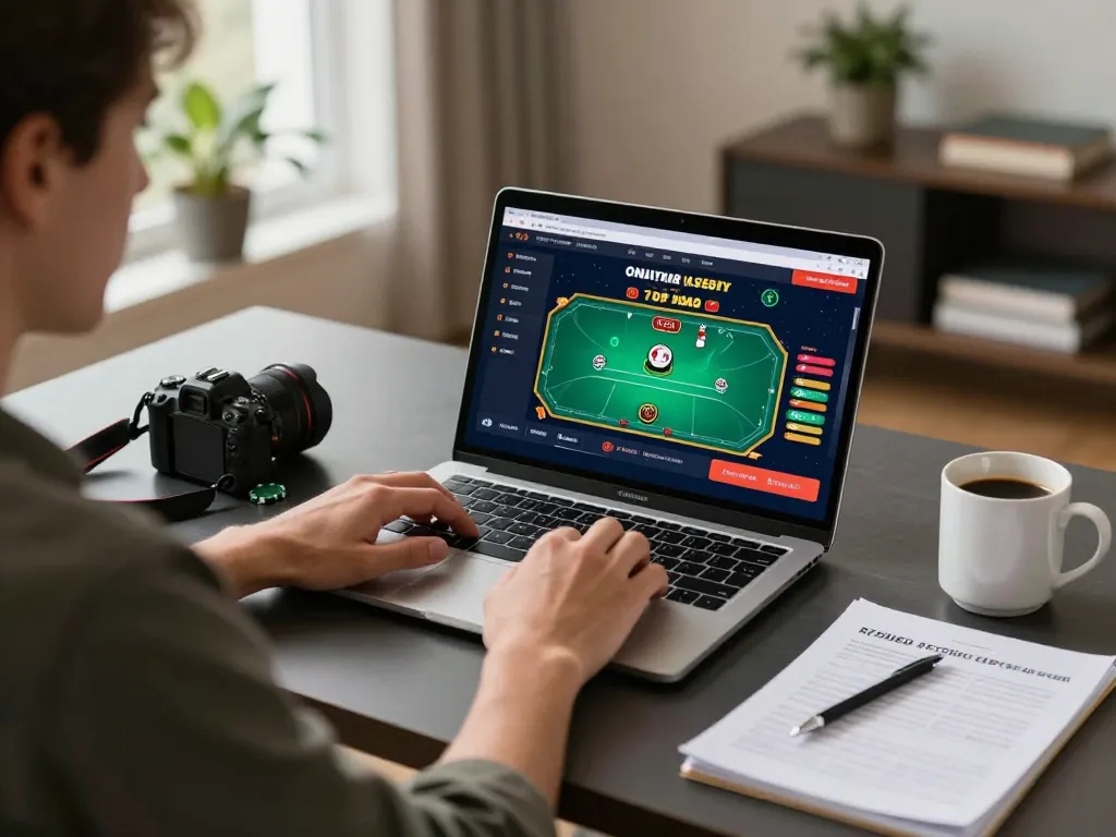 Player engaged in online poker gaming on https://f168.osaka/ with a lively home desk setup, showcasing strategy notes and vibrant screen.