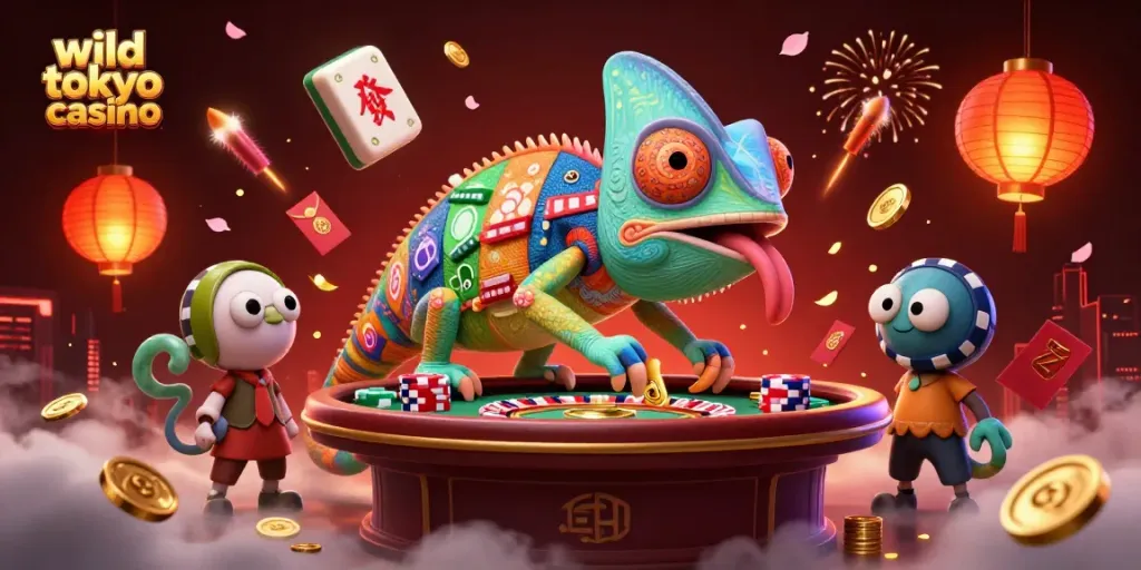 Play thrilling games at wild tokyo casino with vibrant chameleon and festive decorations.