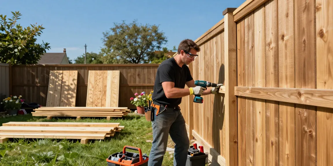 We fix fences and build fences while constructing a wooden fence in a backyard.