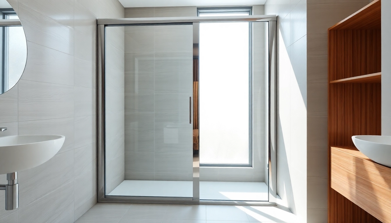 Showcase of a stylish shower screen sliding door in a bright modern bathroom.