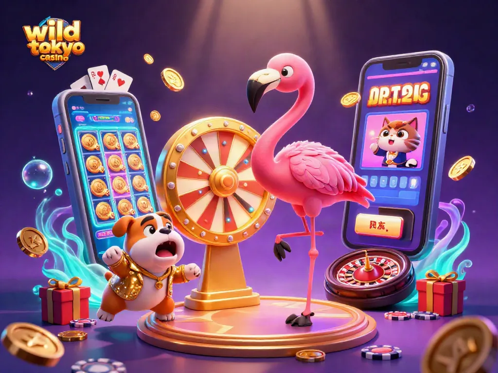 Experience excitement at wild tokyo casino with a dazzling game show scene featuring cartoon characters and vibrant gaming elements.