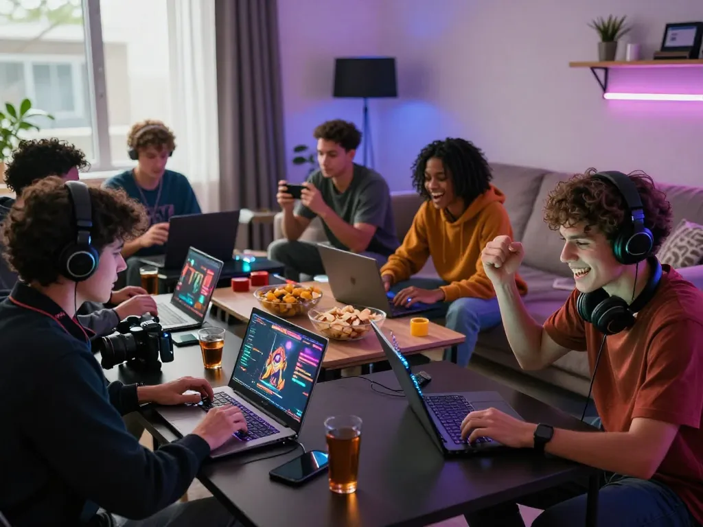 Diverse friends gaming at home using https://bomwin.jp.net/ on laptops and phones surrounded by snacks.