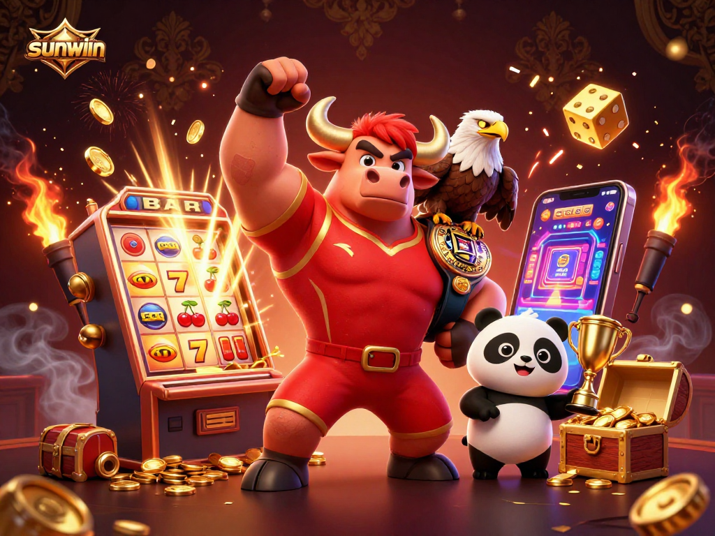Join the sunwin jackpot celebration with an energetic bull, eagle, and panda amid exploding casino treasures.