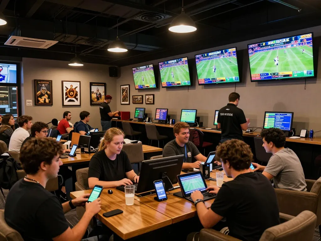 Pengguna SBOBET terlibat dalam taruhan olahraga langsung di suasana lounge yang penuh semangat.