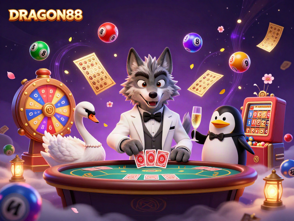 Experience the vibrant excitement of DRAGON88 with a lively casino scene featuring unique 3D characters.