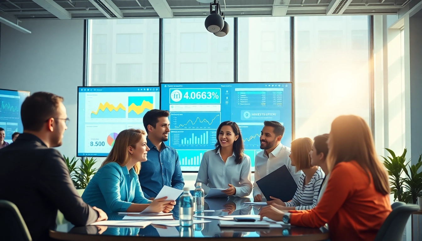 Marketing Agency team collaborating in a dynamic office environment with colorful analytics.