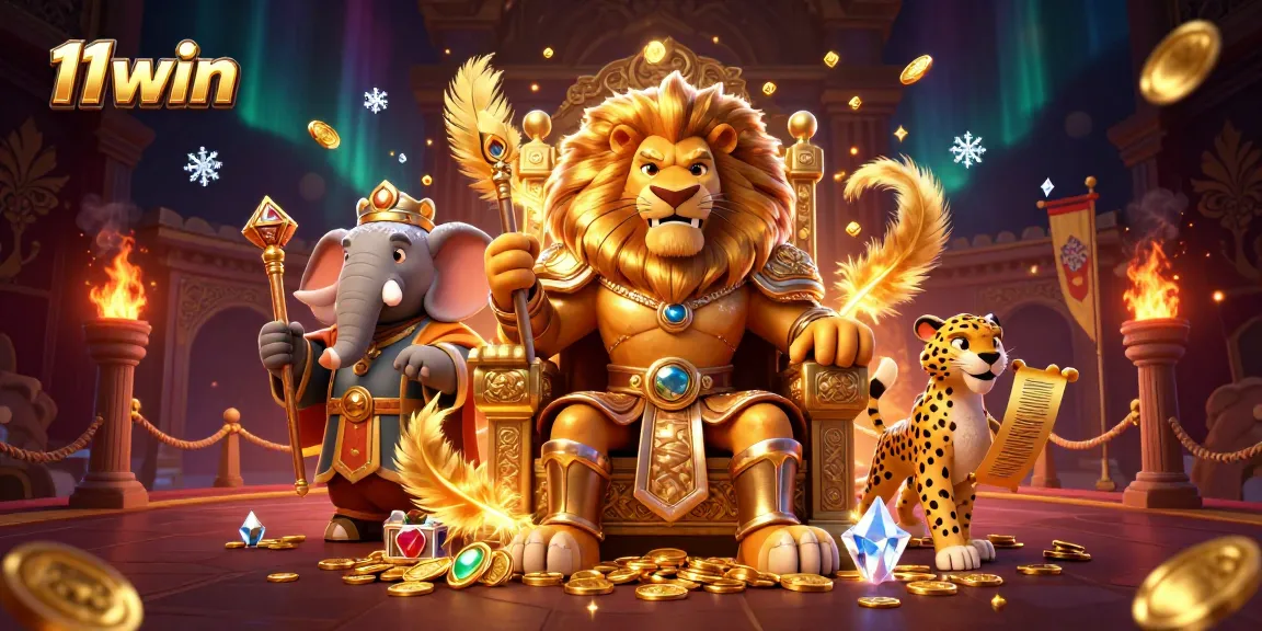 Engage in thrilling 11win battles in a dynamic casino action scene featuring a lion king, elephant advisor, and cheetah.