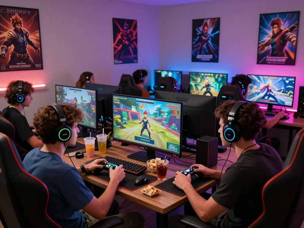 Engaging gaming session at https://rikviprent.com with friends enjoying multiplayer action in a vibrant, cozy atmosphere.