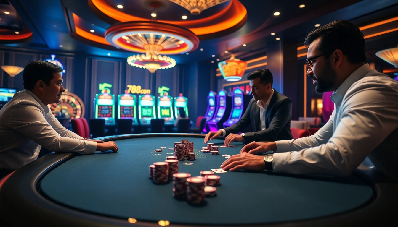 TV88 casino players enjoying a thrilling poker game with vibrant roulette and slot machines.