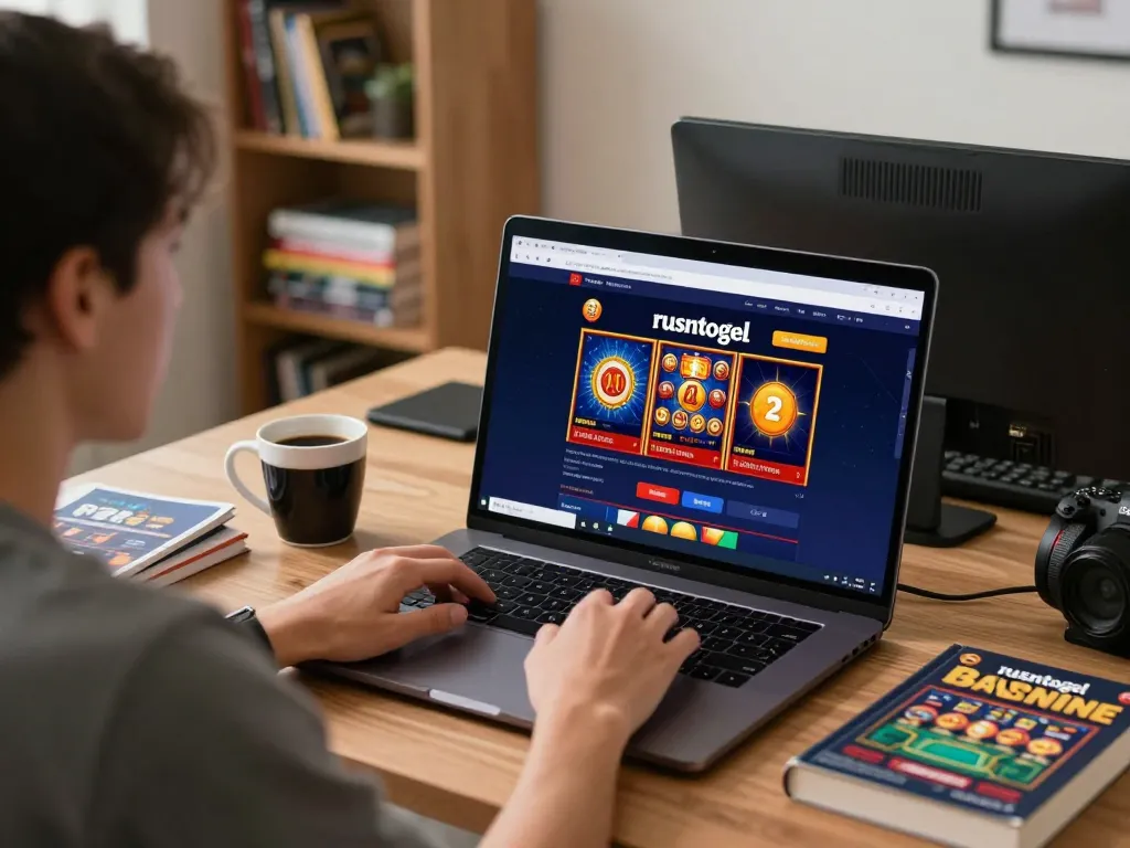 Engaging in online gameplay through rusuntogel on a cozy home laptop setup, highlighting strategic gaming.