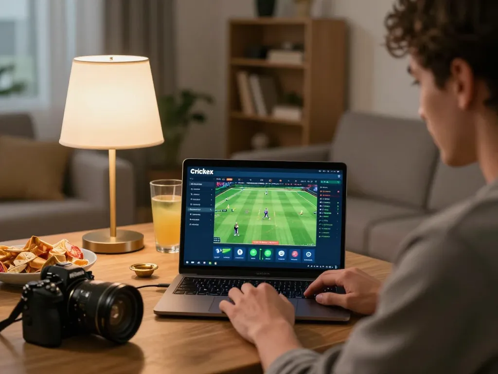 Placing live bets on Crickex platform during cricket match from home setup with laptop.