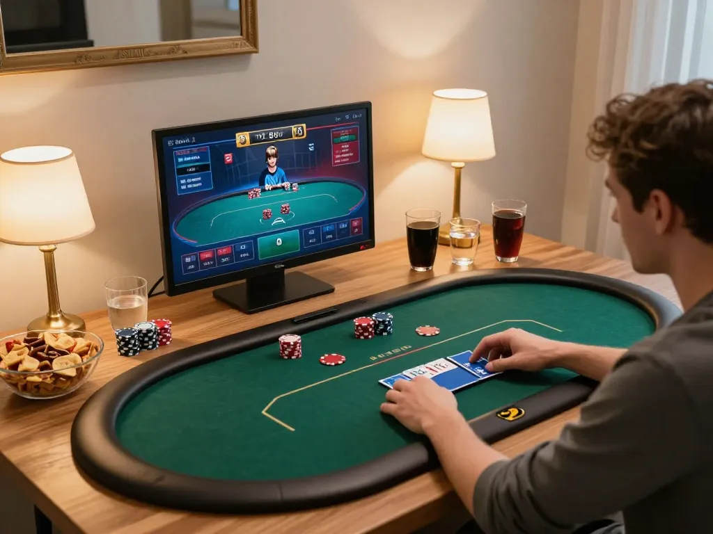 Engaging with online poker at https://da88.navy/, showcasing a sophisticated home gaming setup.