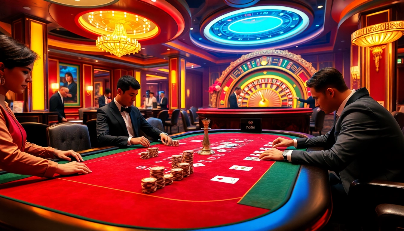 Engaging poker game at a glamorous casino, featuring nohu-themed decor and lively atmosphere.
