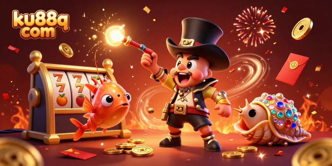 Engage with ku88q com's vibrant casino-themed 3D illustration of characters attracting coins.